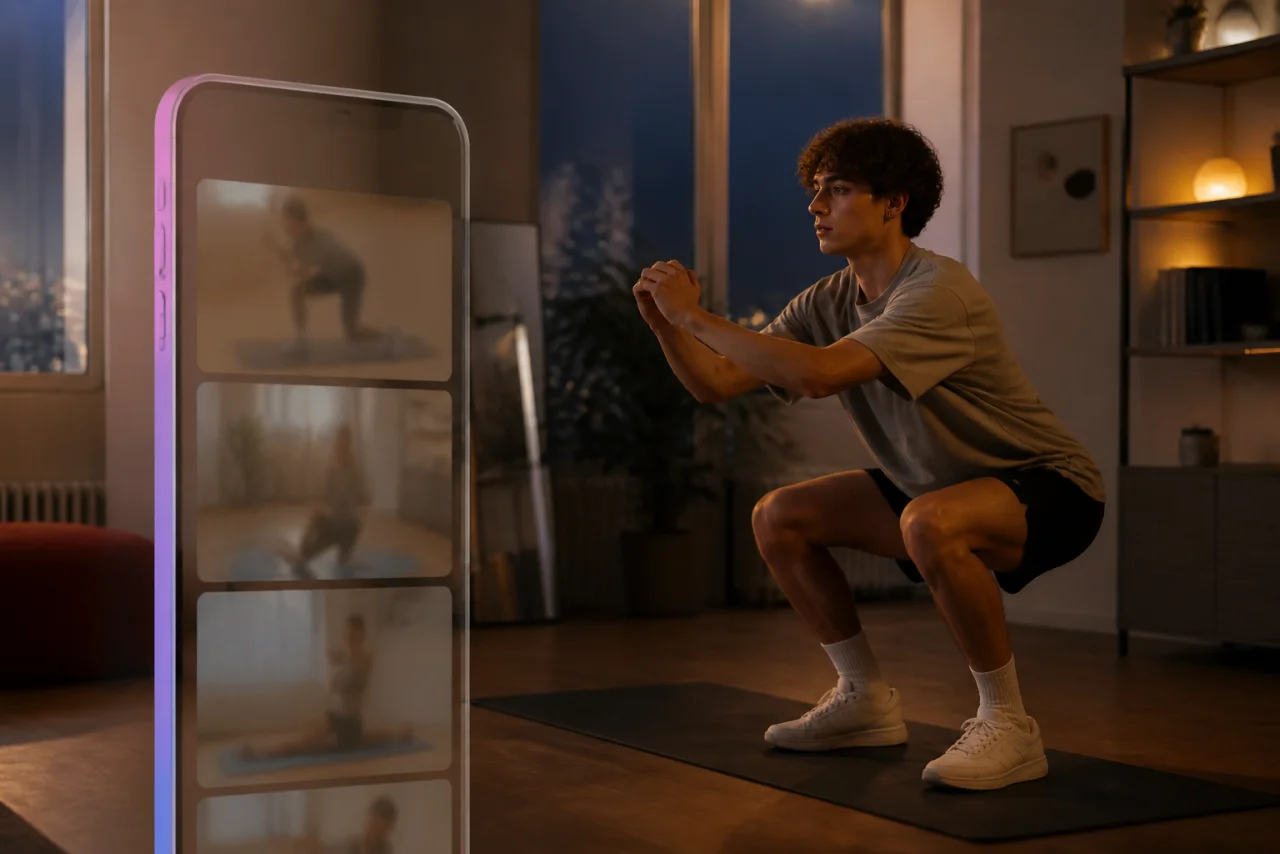 Cinematic illustration of a phone paused at a gate while a figure squats nearby, warm purple-pink evening light suggesting a Reels feed behind glass