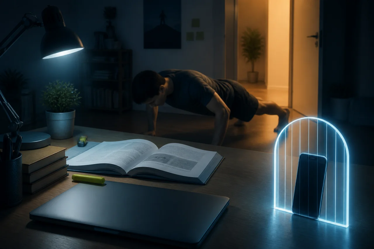 Filmowe biurko nocą, telefon za miękką bramką, student robi pompki przy książkach