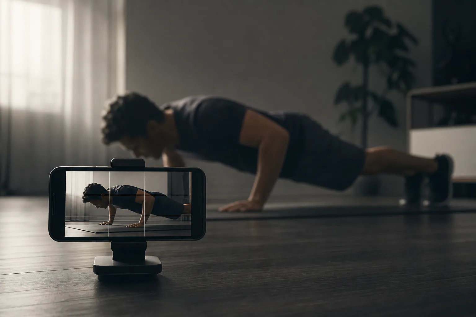 Cinematic illustration of a phone on a stand capturing a push-up silhouette in soft side light