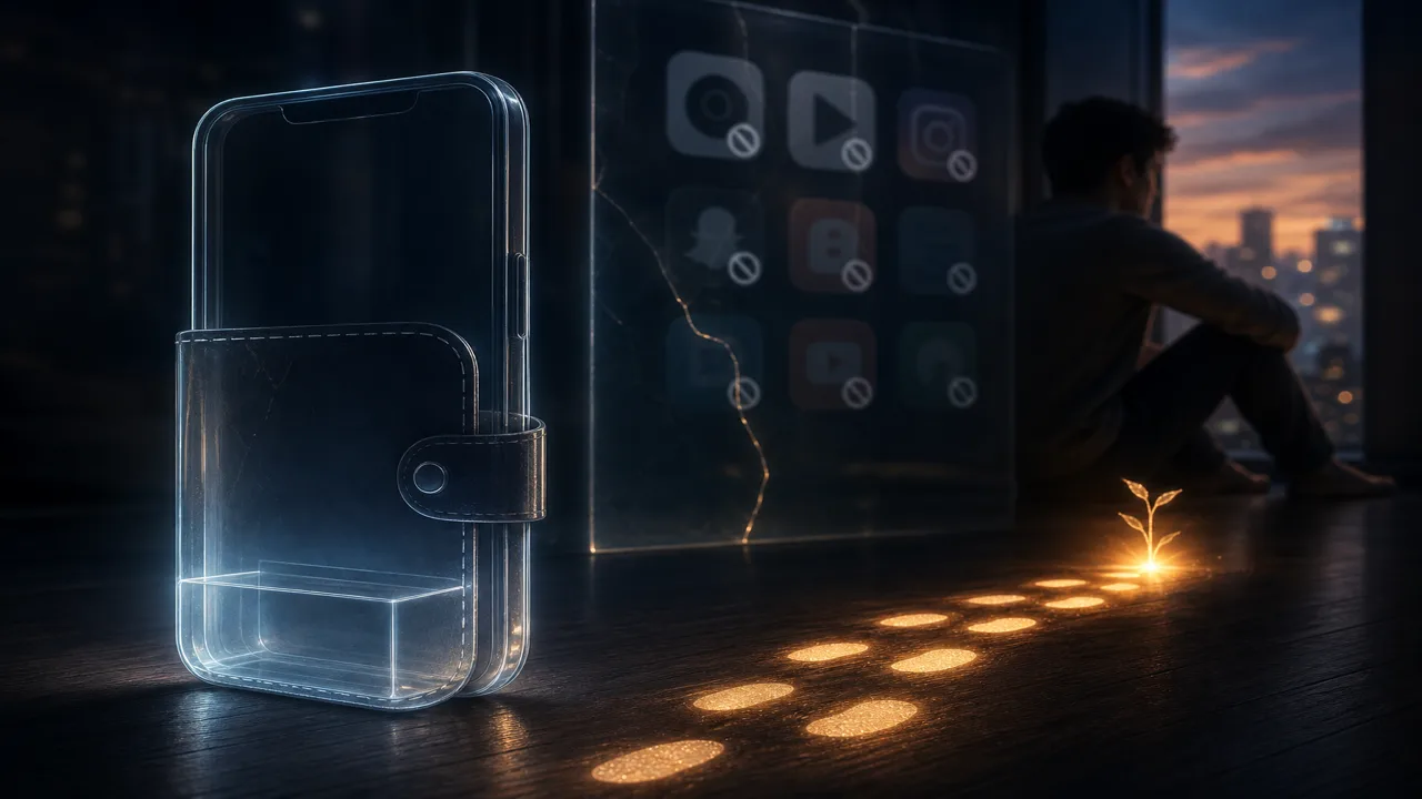 Cinematische illustratie van een lege gloeiende telefoonportemonnee naast een geblokkeerd app-silhouet en een kort pad van voetstappen, geen tekst